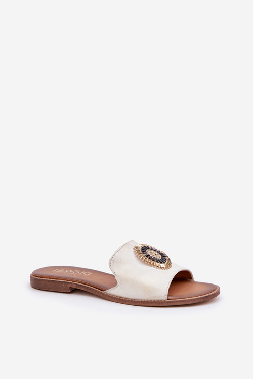 Damskie Klapki Skóra Naturalna Płaski Obcas Ozdoba Złoty Przecierany Lewski 3047/O