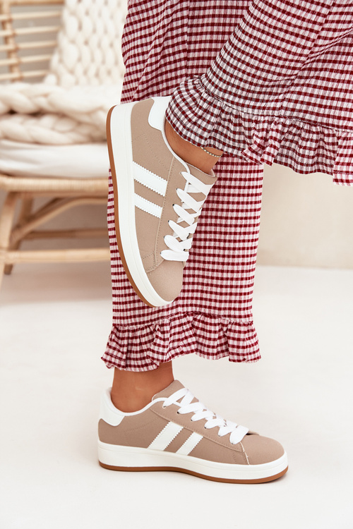 Eko Skórzane Sneakersy Buty Sportowe Damskie Ciemnobeżowe Ravina