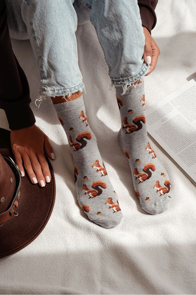 Women's Socks Squirrels and Nuts Gray Melange