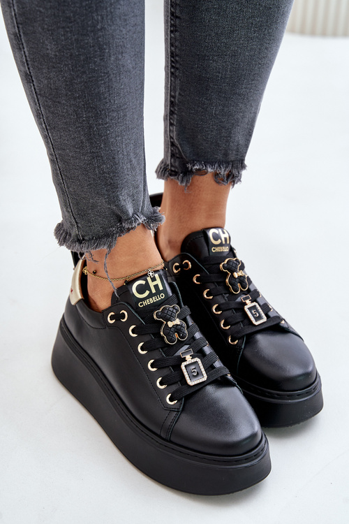 Women Leather Sneakers With Pins On Platform CheBello 4596 Black