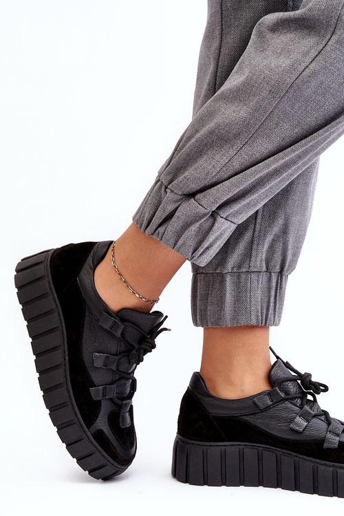 Buty Sportowe Damskie Skóra Platforma Czarne M01/1 Zazoo