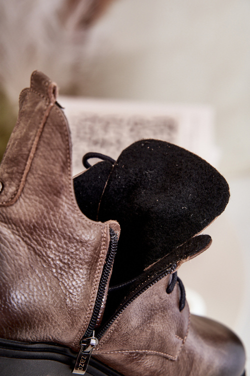 Botki Damskie Skóra Płaski Obcas Ciemnobeżowe Zazoo 60309