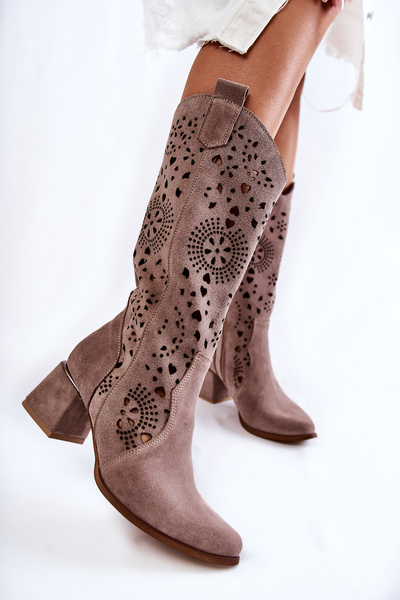 Zamszowe Kozaki Ażurowe Cappucino Lewski Shoes 3171
