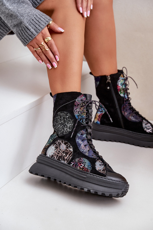 Ocieplane Skórzane Zamszowe Botki Na Platformie Czarne Maciejka 06565-01