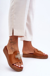 Women's Leather Platform Slippers with Ornament Brown Azera