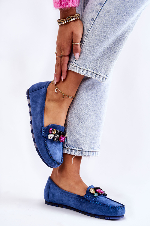 Mokasyny Damskie Zamsz Ozdoby Niebieskie Janetta