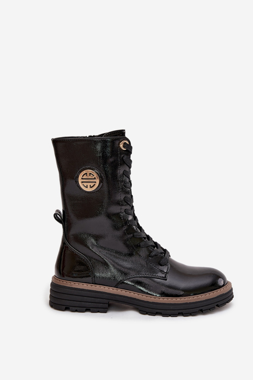 Patent leather women's work boots with gold detail insulated black Dorialine