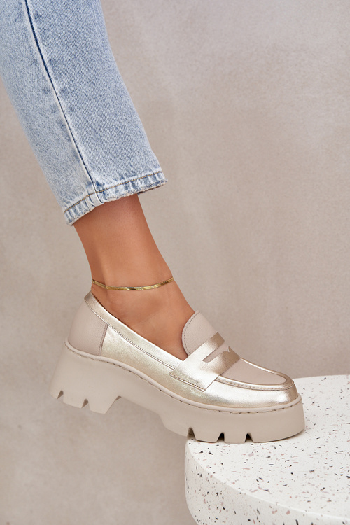 Mokasyny Damskie Skóra Naturalna Płaski Obcas Platforma Złote Zazoo 20191