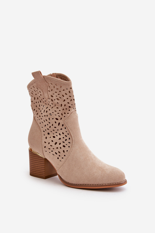 Botki Z Eko Zamszu Zapinane Na Zamek Ażurowe Na Słupku Beżowe Sevana