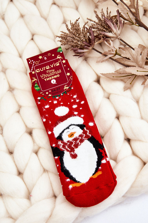 Skarpety Dziecięce Świąteczne Bawełniane Termoaktywne Pingwin Czerwone