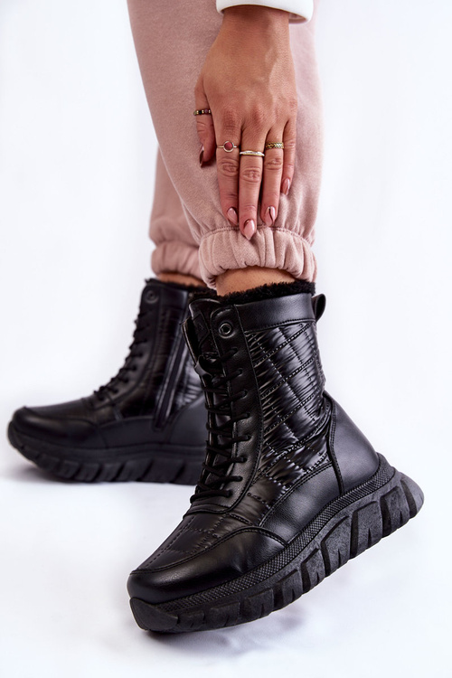 Botki Śniegowce Damskie Sznurowane Platforma Czarne Anubi