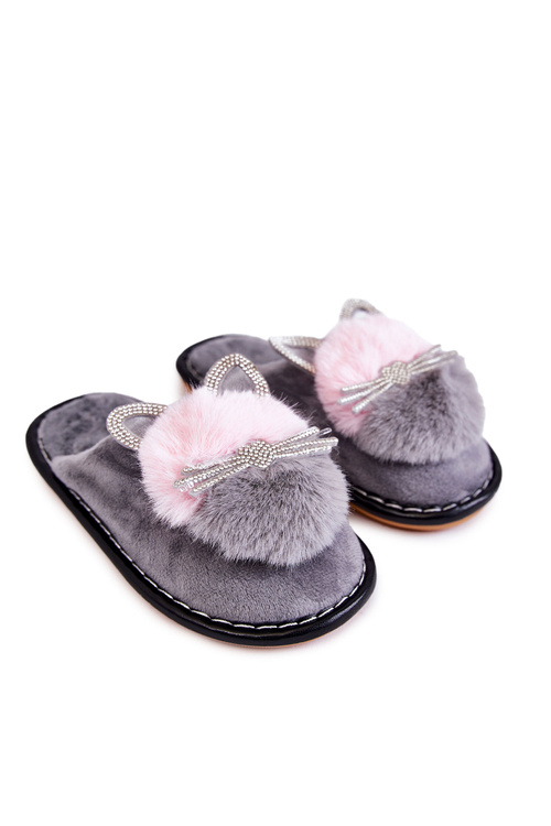 Children's slippers with a kitten and rhinestones gray Carliss