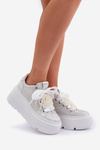 Damskie Sneakersy Skóra Naturalna Platforma Srebrne  CheBello 4658