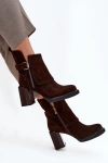Ankle boots made of natural suede on a block heel with a buckle Vinceza 91152 chocolate