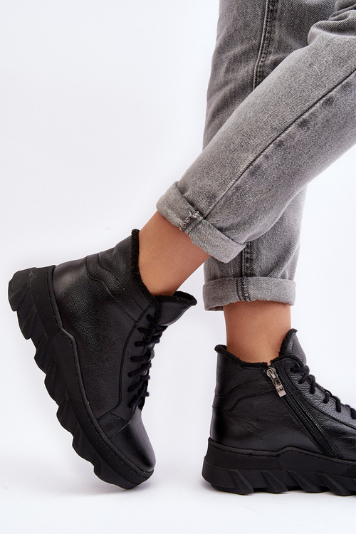 Women's Leather Platform Boots with Fleece Lining Black Lemar Jevette