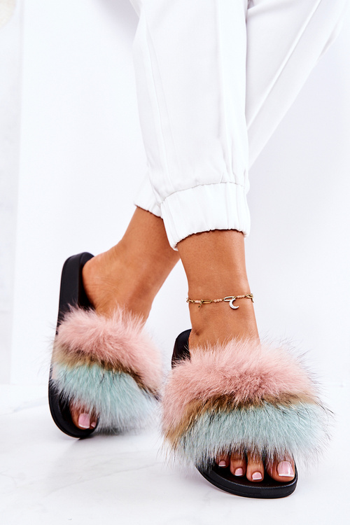 Slippers With Natural Fur Pink-green Naturis