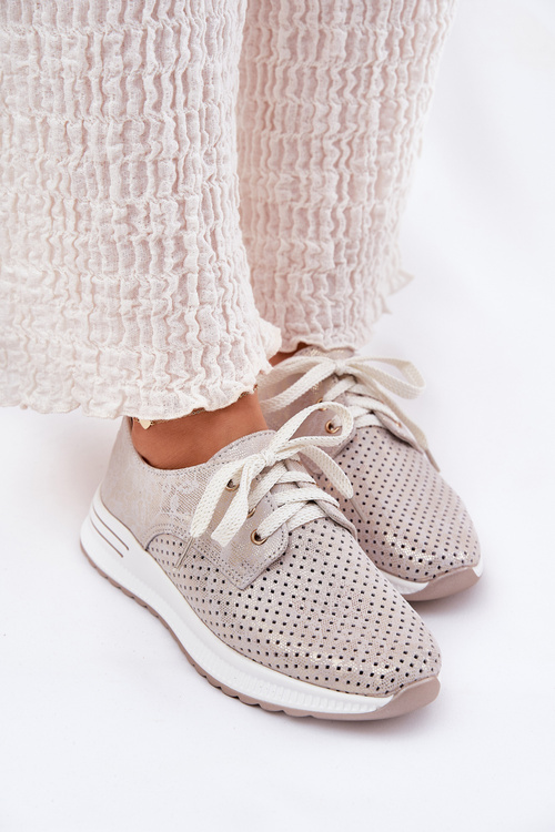 Półbuty Damskie Skórzane Na Platformie Beżowo-Złote Artiker 56C2113