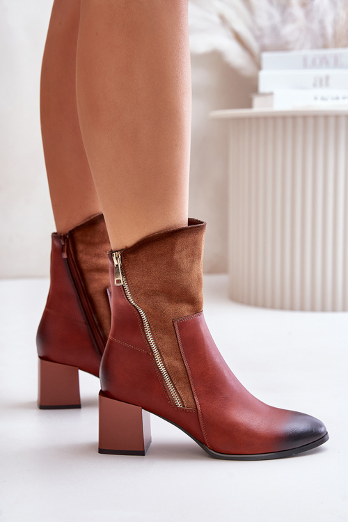 Damskie Botki Ocieplane Obcas Słupek Brązowe Relabina