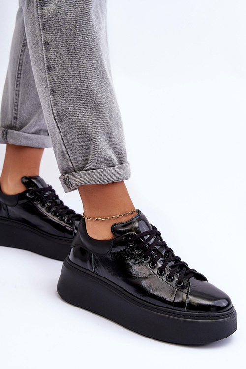 Buty Sportowe Lakierowane Skóra Platforma Czarne Lemar 10150