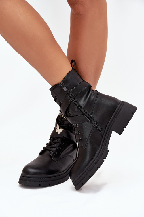 Insulated work boots with strap and silver buckles Black Kaelina