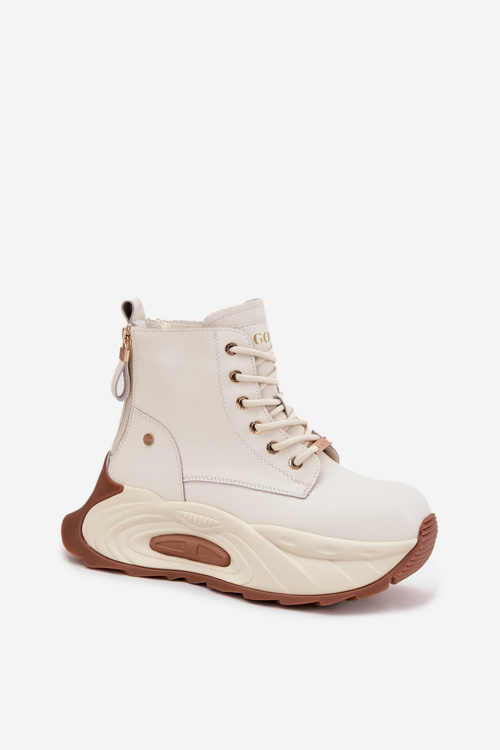 Leather Insulated Women's Ankle Boots On Platform GOE SS2N4300 Light Beige