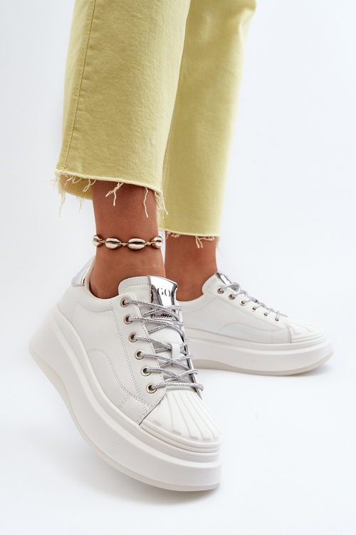 Sneakersy Damskie Na Platformie Skóra Naturalna Białe GOE NN2N4033