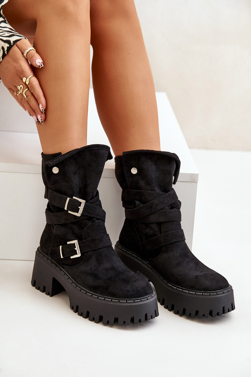 Women's Ankle Boots On Chunky Heel With Buckles And Strap Black Nerelisa