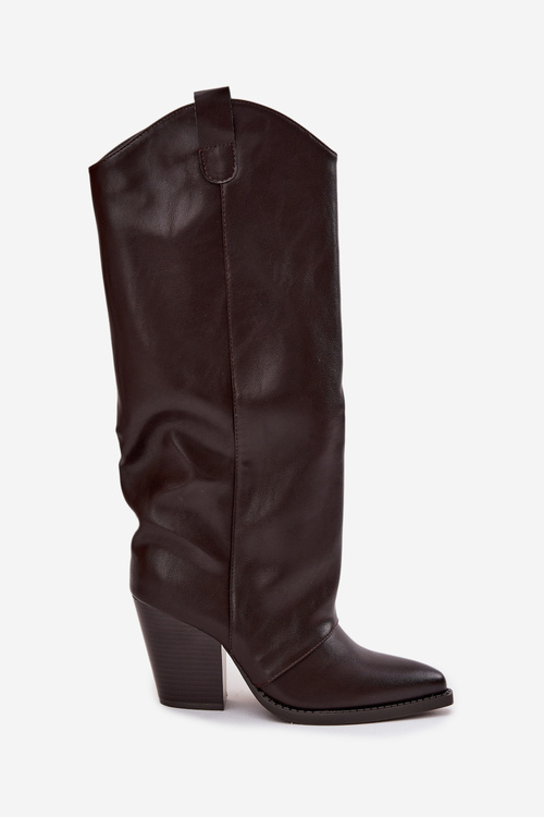 Damskie Kozaki Ocieplane Słupek Eko Skóra Czekoladowe Mavine