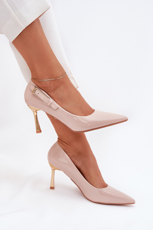 Szpilki Lakierowane Złota Klamra Beżowe Mivira