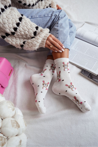Bawełniane Skarpetki Damskie Kropki I Króliki Ecru