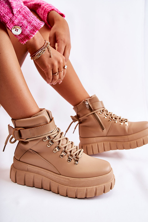 Botki Modne Damskie Platforma Pasek Beżowe La Blanca