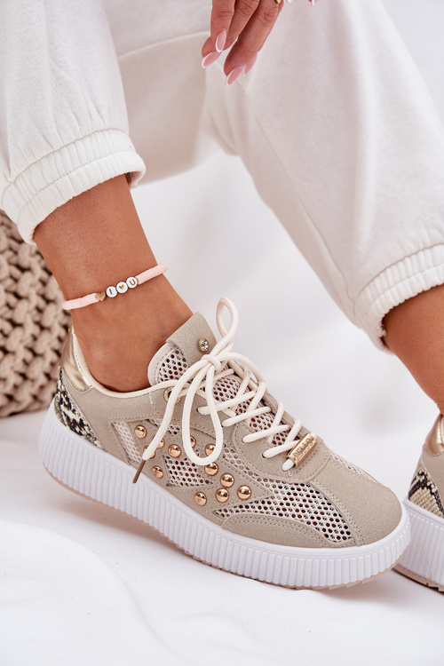 Damskie Buty Sportowe Na Platformie Ozdobione Ćwiekami Beżowe Ogalda