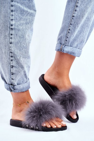 Women's Slides With Natural Fur Grey Bushido