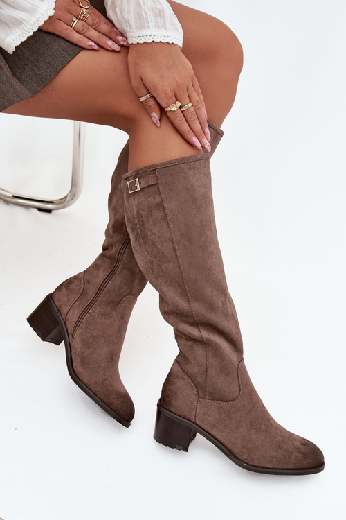 Knee-high eco suede boots on a heel Vinceza 58332 dark beige