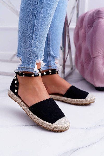 Black Suede Ballerina Espadrilles with Studs Christelle