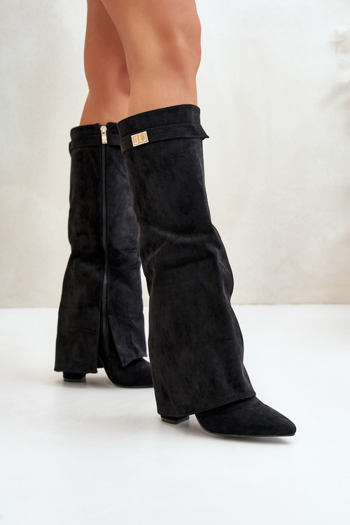 Women's Eco Suede Boots With Rolled Shaft On Heel Black Bralise