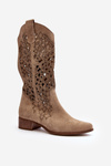 Zazoo 3403 Openwork Low Heel Women's Boots Beige