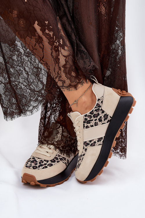 Sneakersy Damskie Zamszowe Platforma Panterka Beżowe Vinceza 66793