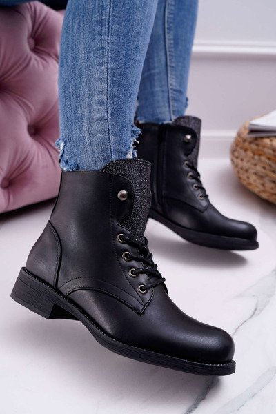 Women's Flat Heel Worker Boots Black Flumen