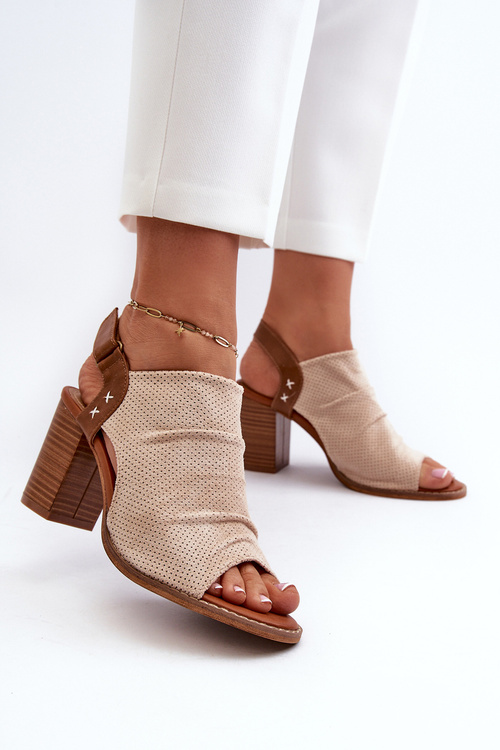 Women's High-Heeled Sandals with Cut-Out Design in Beige Rosca