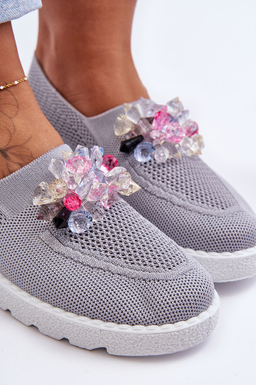 Tenisówki Damskie Wsuwane Z Kamieniami Szare Simple JY303