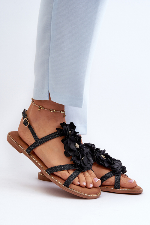 Women's Flat Sandals Adorned with Black Flowers Abidina