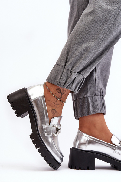 Women's Leather Half-Boots On Massive Heel Silver Lemmitty