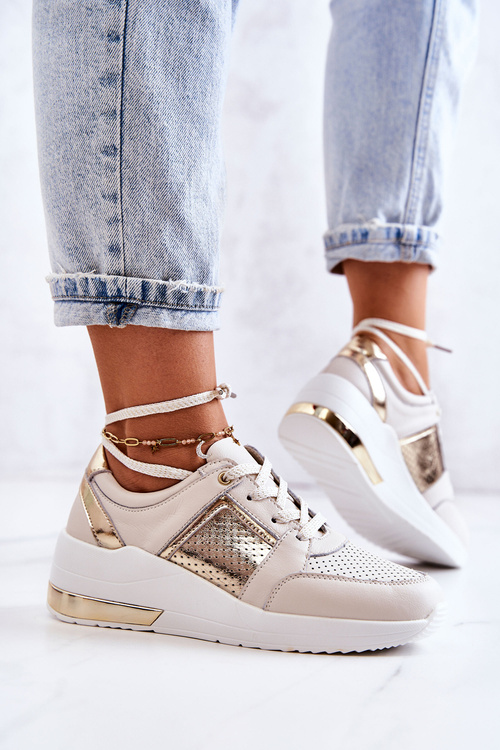 Women's Leather Sport Shoes On a Wedge Beige and White Larson