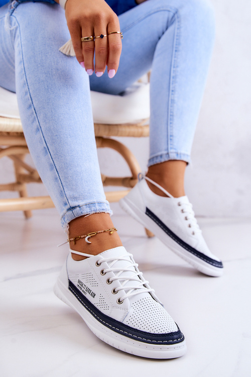 Women's Leather Sneakers White and Navy Blue Cloesa
