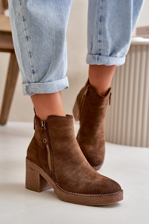 Damskie Ocieplane Botki Eko Zamszowe Na Słupku Ciemnobrązowe Velarilla