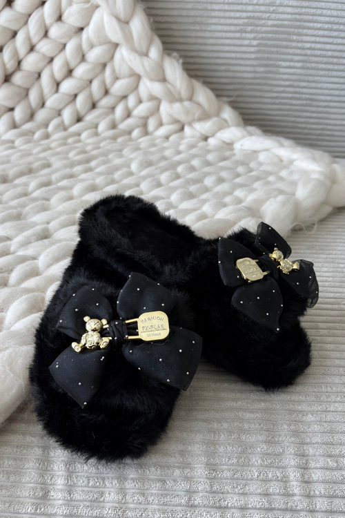 Fur Ladies Slippers With Bow And Golden Decoration Black Nolara
