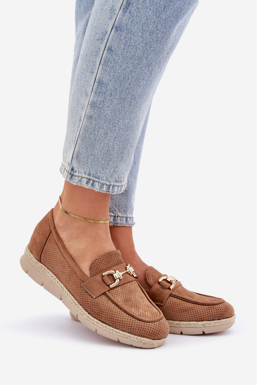 Mokasyny Damskie Ażurowe Jutowa Plecionka Złota Ozdoba Brązowe Lainer