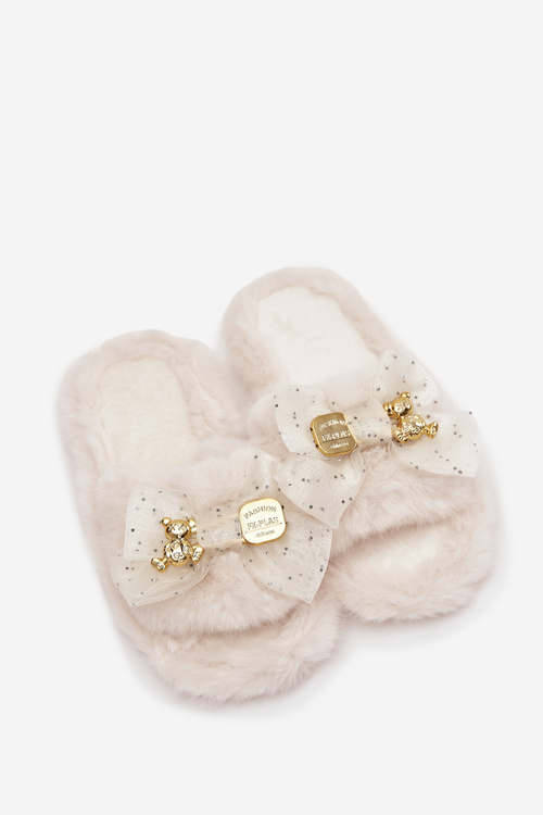 Furry Women's Slippers With Bow And Gold Decoration Light Beige Nolara