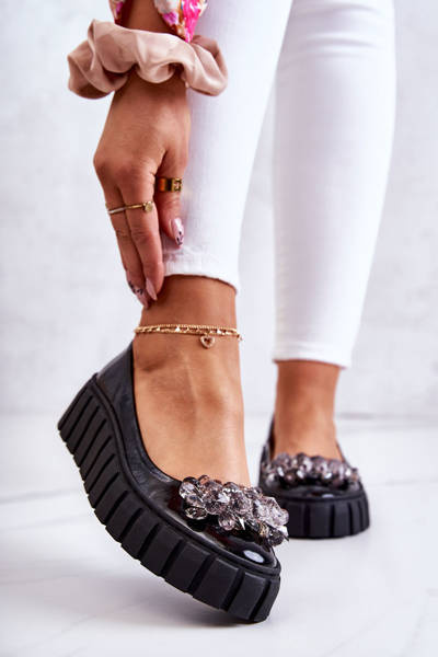 Leather Ballerinas On A Platform With A Ornament Black Ladette